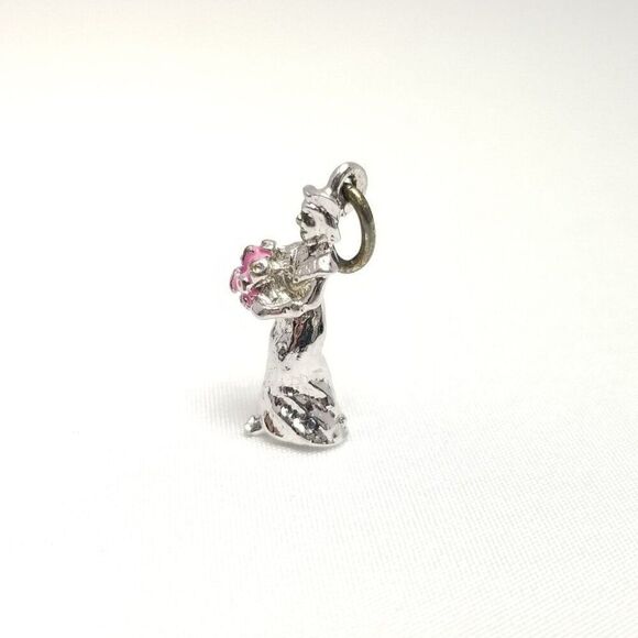 Vintage Bride with Bouquet Charm Pendant, Silver Tone Pink Enamel, Wedding - Picture 3 of 7
